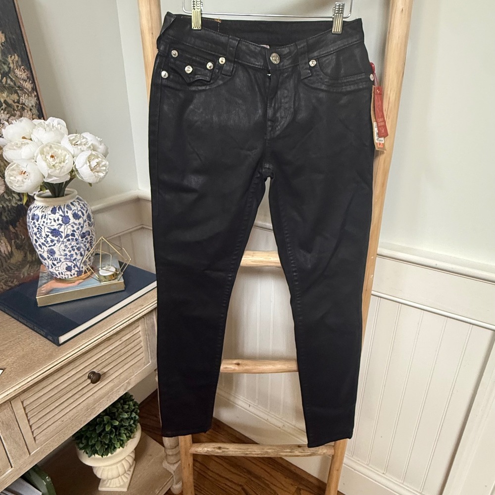NWT True Religion Curvy‎ Skinny Coated Black Waxed Jeans Flap Pocket Size 28